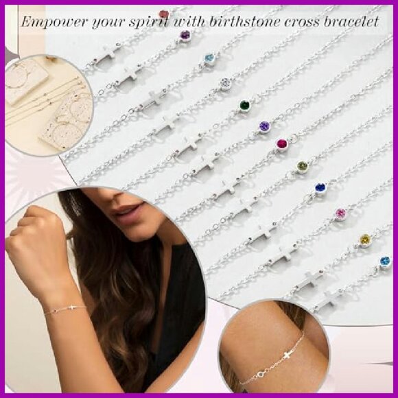 Dainty Gold Cross Bracelet with Birthstone, 6.5" Adjustable Chain - Picture 7 of 8